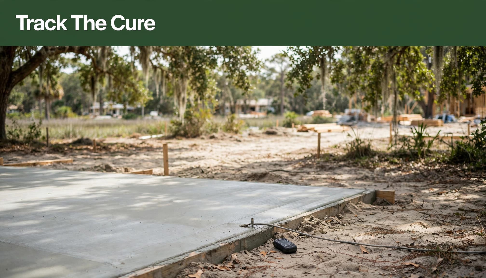 A sensor cable sits in a fresh concrete slab beside a handheld data logger.