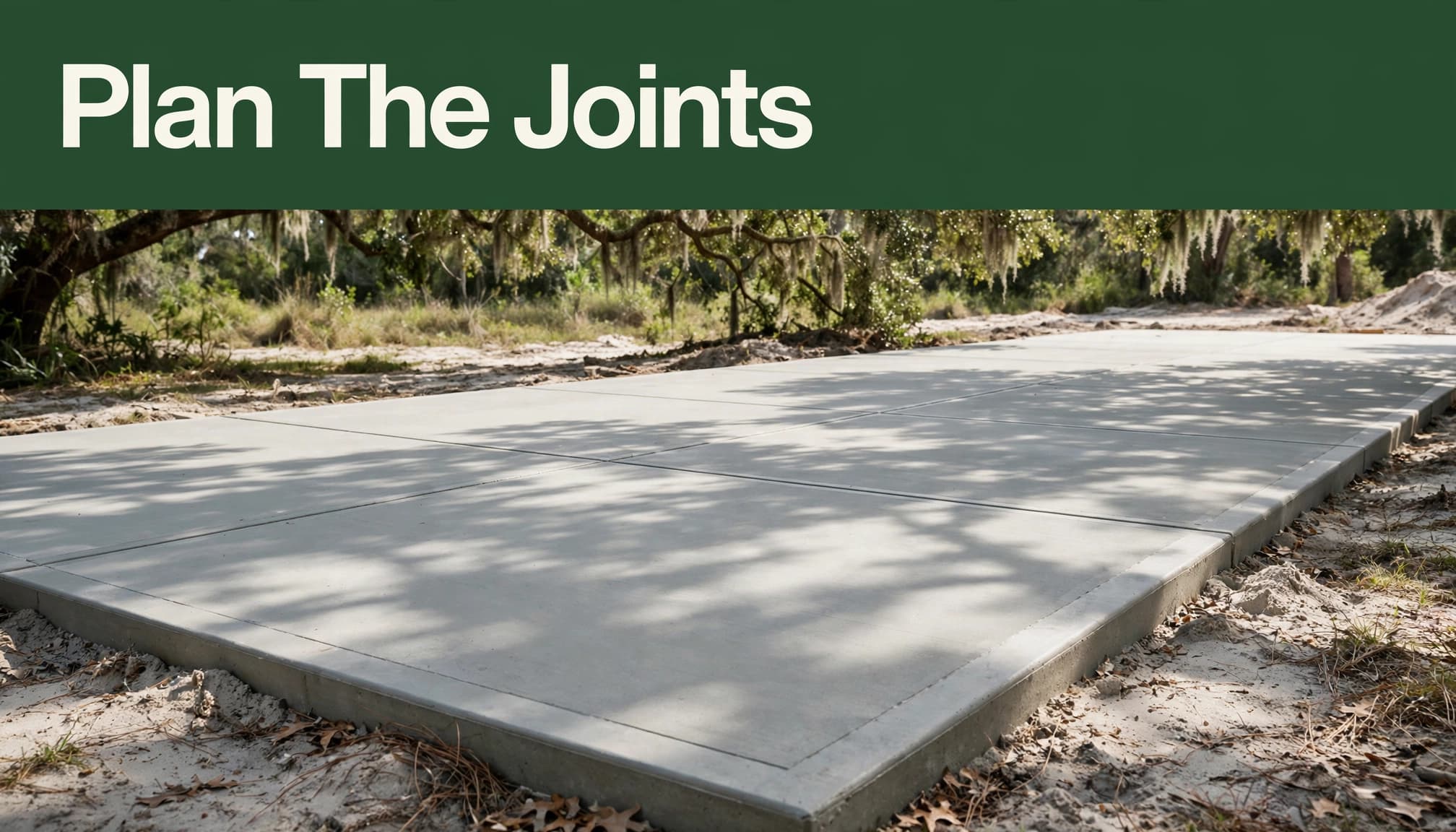 Straight grooves divide a fresh concrete slab beside sandy soil and live oak shade.