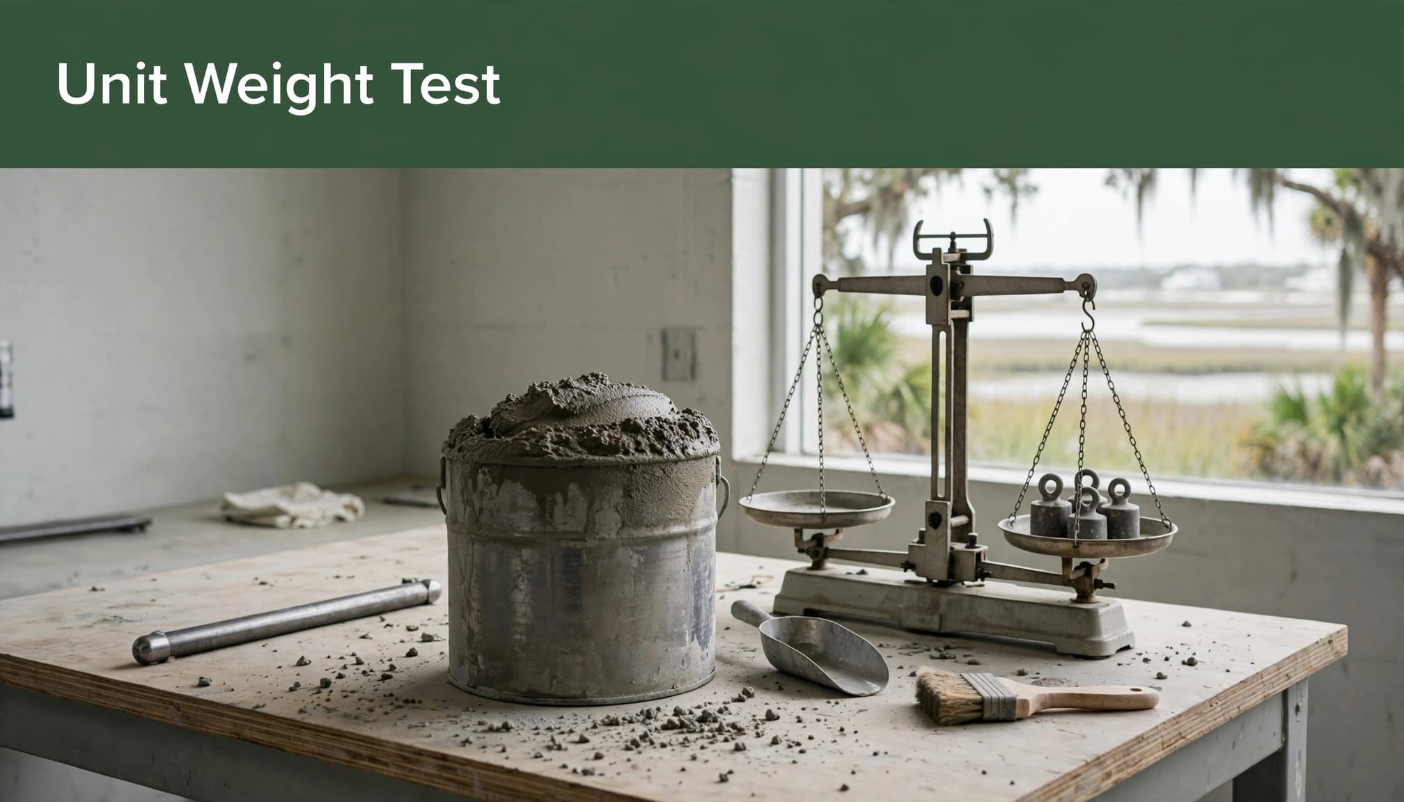 A concrete-filled metal measure beside a balance scale and tamping rod.