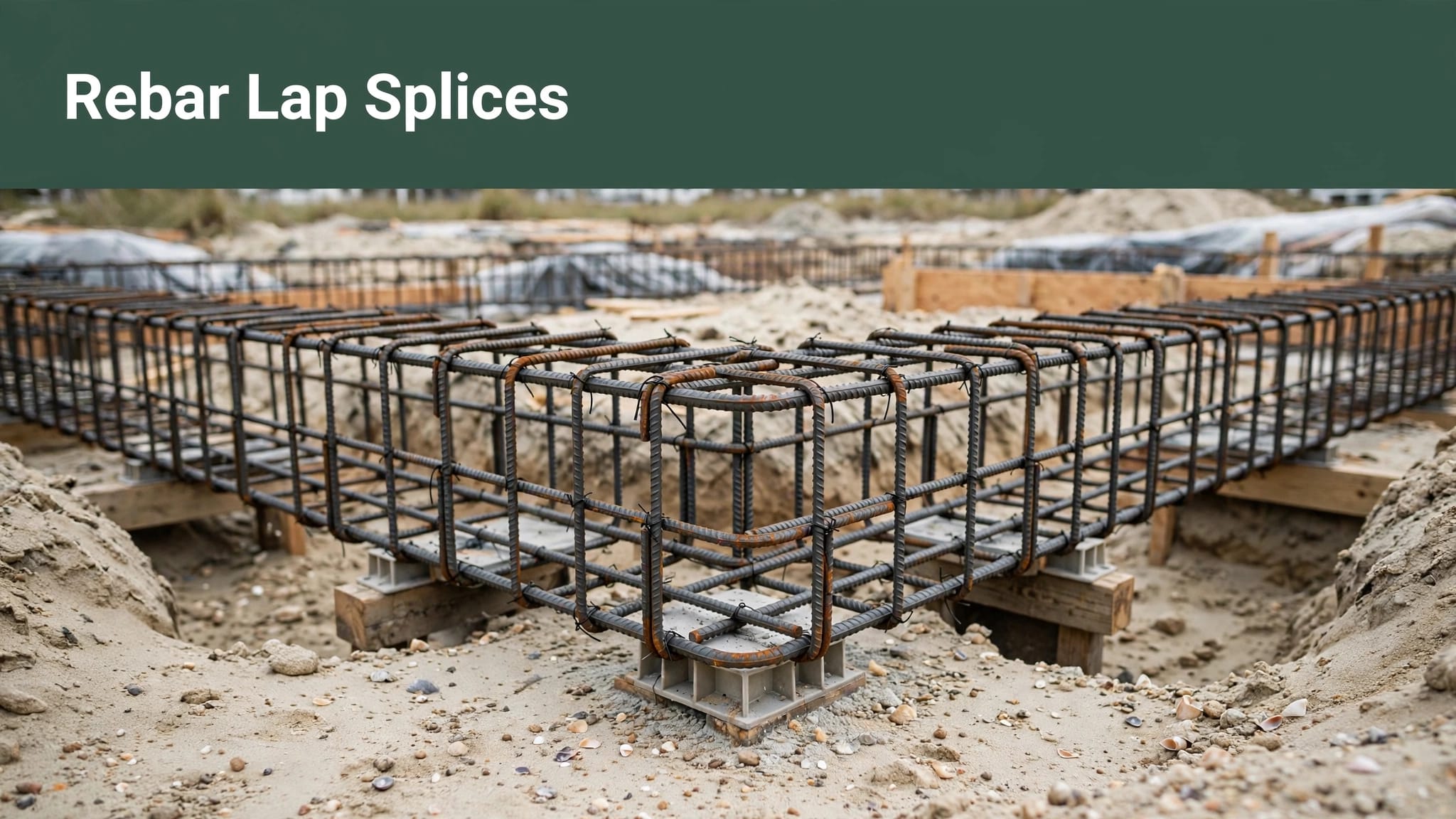 A tied rebar cage rests on supports above sandy soil beneath a green headline strip.
