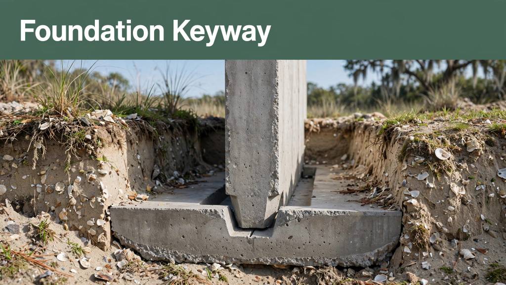 A concrete foundation wall interlocks with its footing through a recessed keyway.