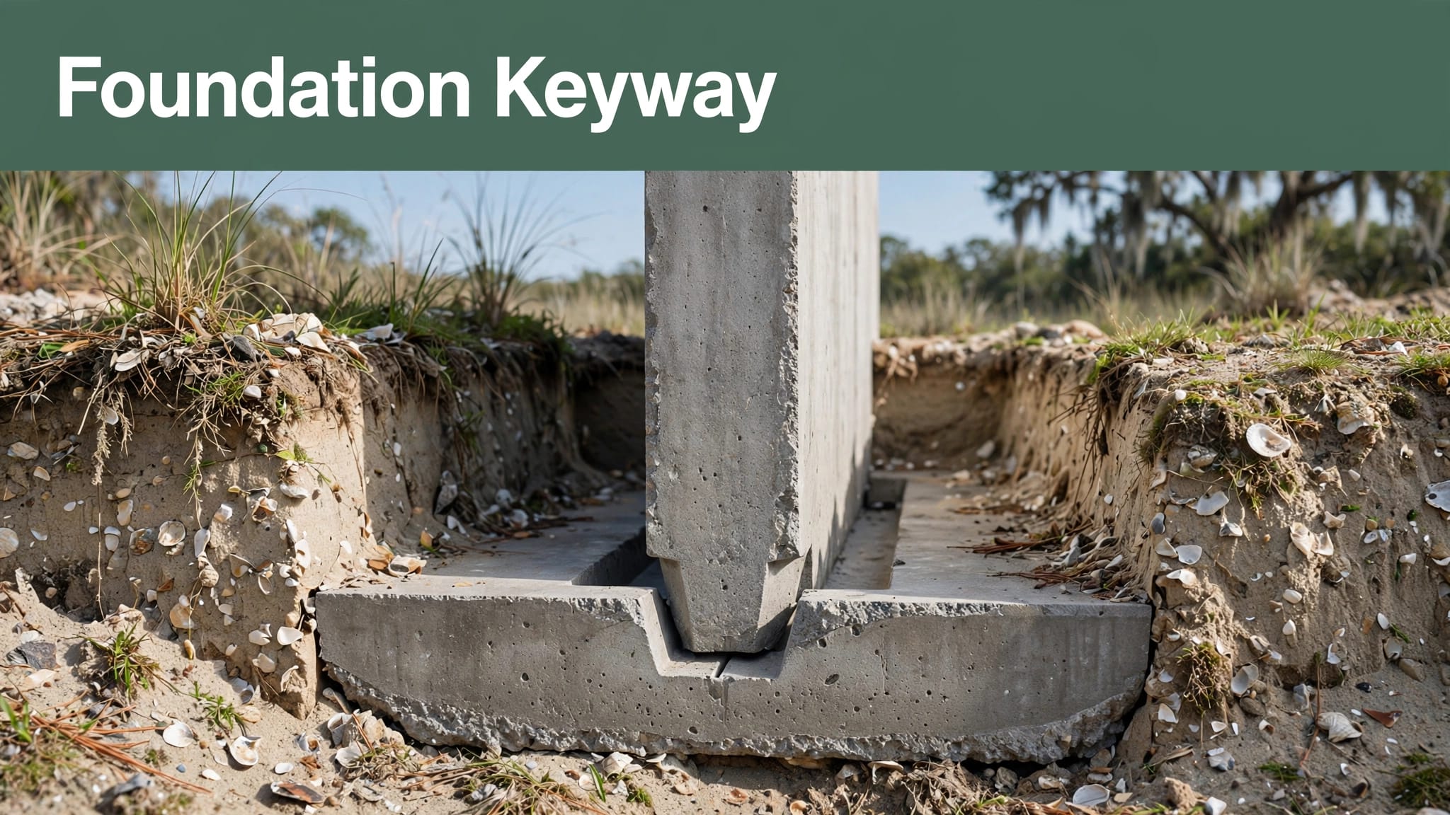 A concrete foundation wall interlocks with its footing through a recessed keyway.