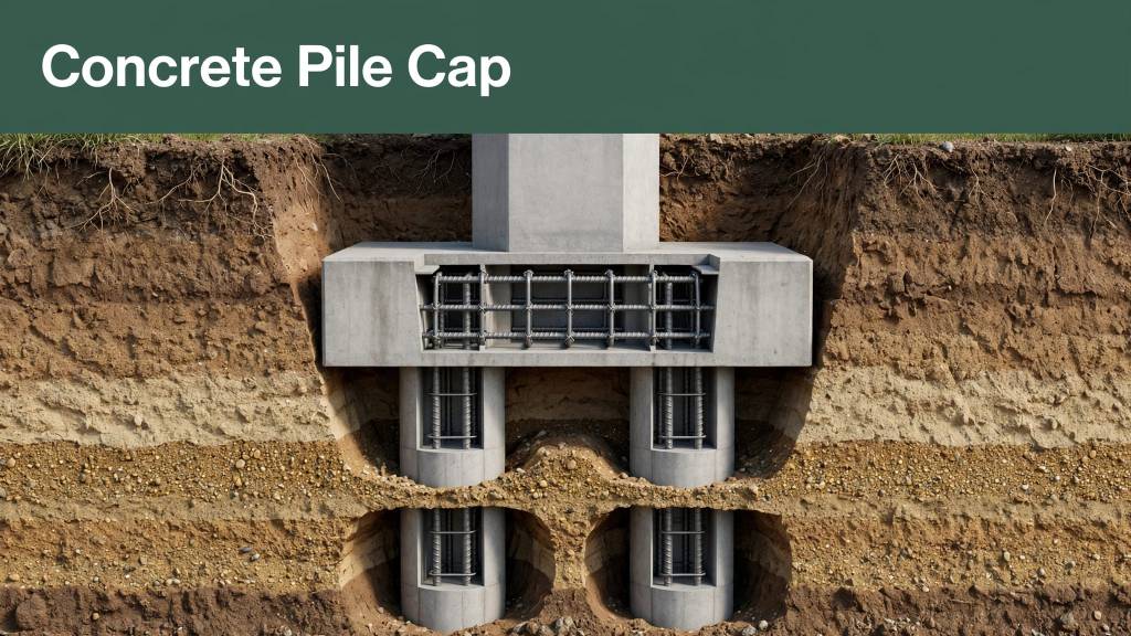 A concrete cap connects steel-reinforced foundation piles beneath a building column.