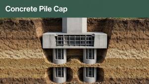 A concrete cap connects steel-reinforced foundation piles beneath a building column.