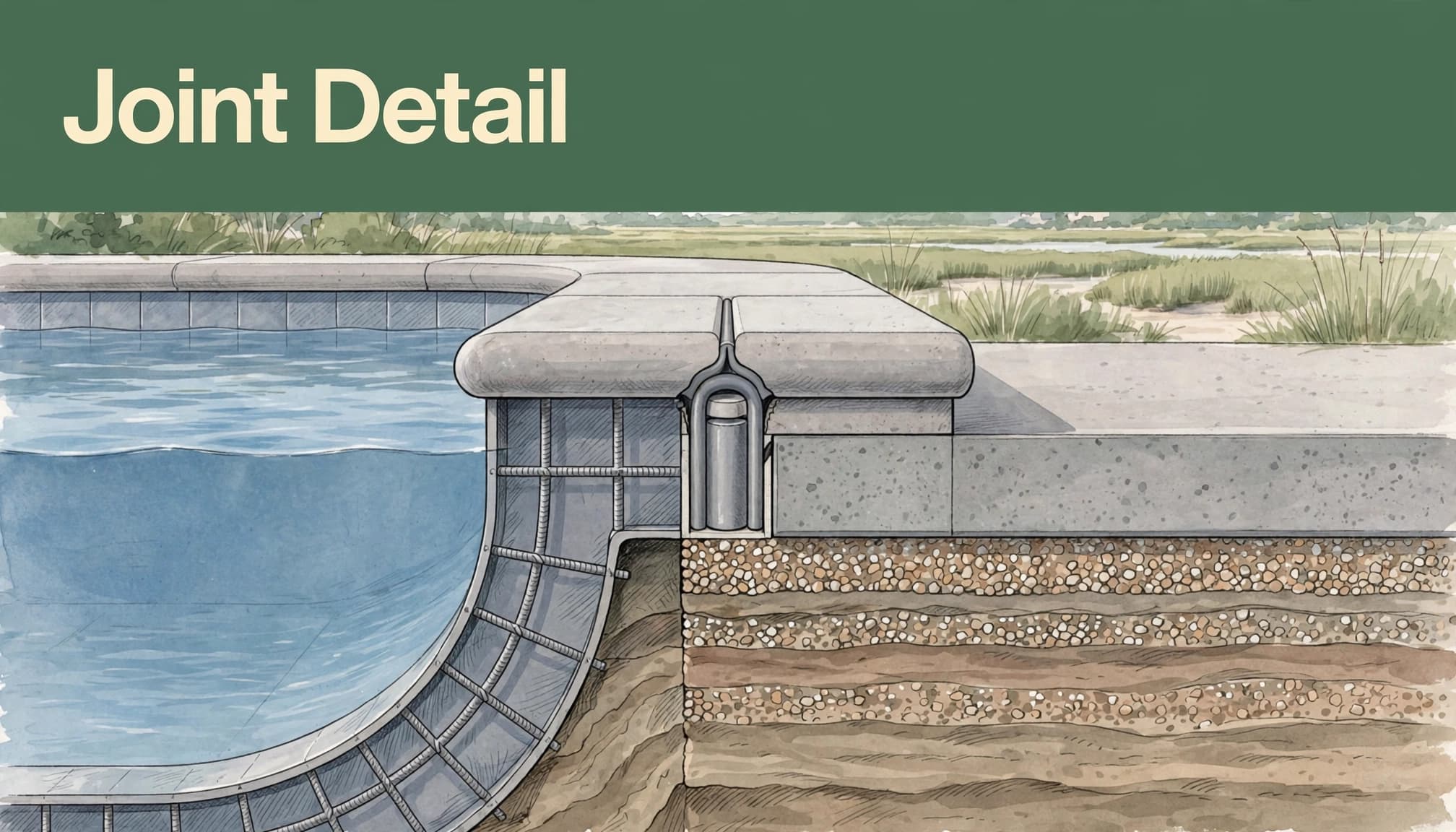 An architectural cutaway of a pool edge with the text Joint Detail in a green band above.
