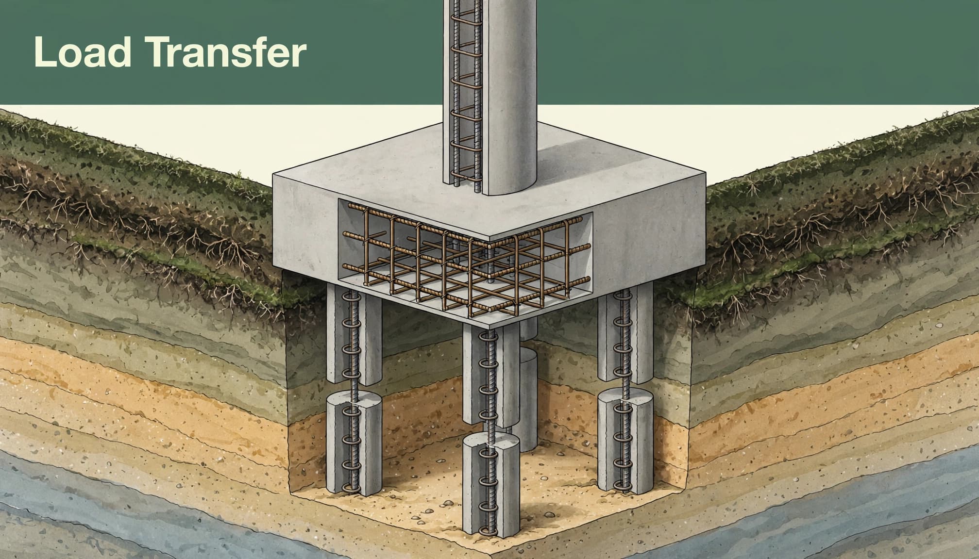 Architectural illustration showing a concrete pile cap and column with the text Load Transfer.