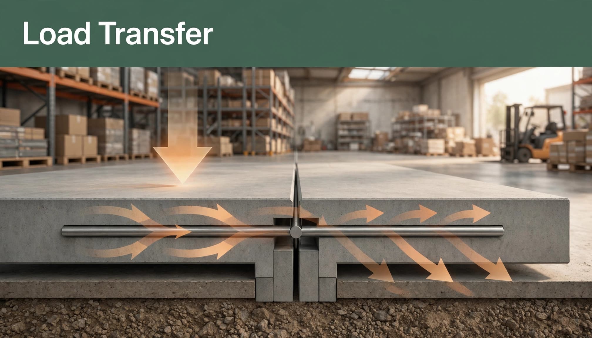 A cutaway illustration of a concrete slab joint showing load transfer with the headline Load Transfer.